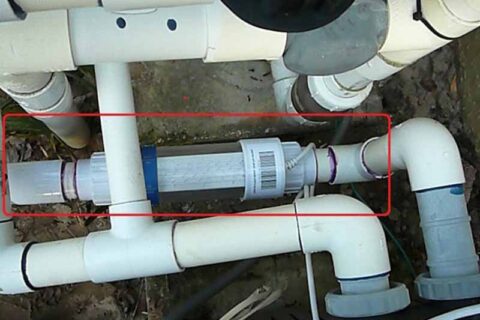 Saltwater chlorinator cell installed in pool plumbing