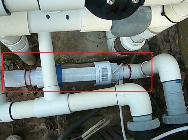 Saltwater chlorinator cell installed in pool plumbing