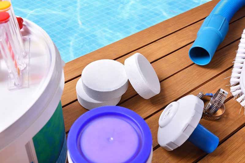 Poolside maintenance supplies and chlorine tablets