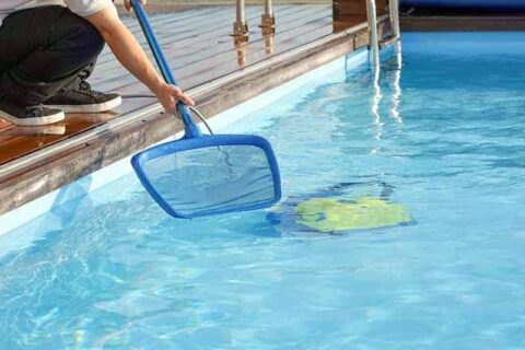 Person cleaning swimming pool.