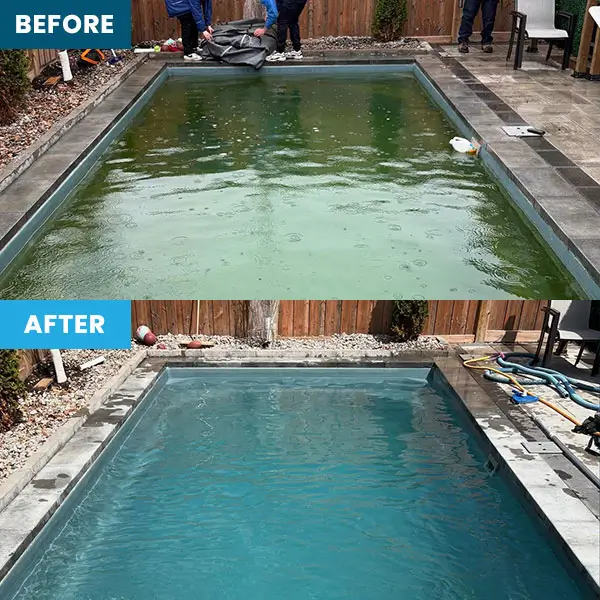 before and after photo composite of pool cleaning