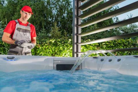 Technician performing maintenance on an outdoor hot tub