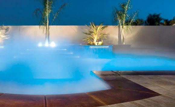 Outdoor pool with mist rising and palm trees in the background at night